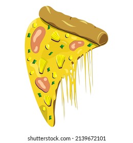 Hawaiian pizza in cartoon style. Ingredients: cheese, pineapple, corn, onion, salami. Hot cheese flows down.