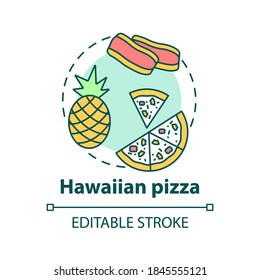 Hawaiian pizza concept icon. Sweet fresh pizzeria ingredients. Fruity tasty meals. Unusual meal idea thin line illustration. Vector isolated outline RGB color drawing. Editable stroke