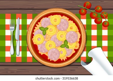 Hawaiian pizza. Delicious pizza on wood table with ham, cheeses, pineapple and basil. Vector Illustration.