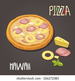 Hawaiian pizza with ingredients. Vector flat illustration isolated on white background. Hand drawn design element for label and poster