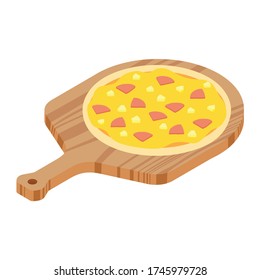 Hawaiian pizza on wooden board for restaurants or pizzerias. Delicious taste pizza with cheese, cooked ham, pineapple and bacon