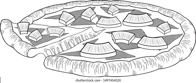 Hawaiian pizza (pineapple, ham) - black and white illustration/ drawing