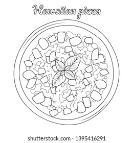 Hawaiian pizza with pineapple and ham. Object for packaging, advertisements, menu. Isolated on white. Vector illustration. Cartoon. Black and white.
