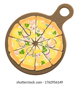 Hawaiian pizza with pineapple, mushrooms, onions, chicken, cheese and parsley. Vector illustration of italian pizza on a tray.
