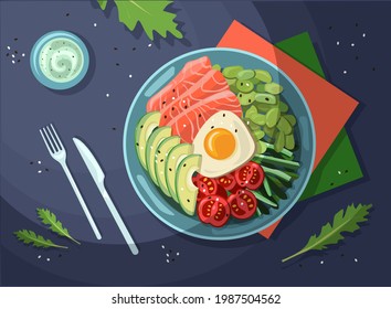 Hawaiian poke dish with salmon and vegetables. Vector
