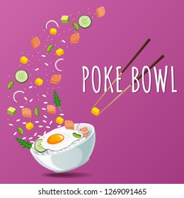 Hawaiian Poke Salmon Bowl with greens and vegetables. Menu design, copy space background. Vector illustration eps 10