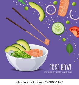 Hawaiian Poke Salmon Bowl, with rice, avocado, seaweed and sesame. Vector template for menu