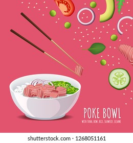 Hawaiian Poke Tuna Bowl, with bow, rice, seaweed and sesame. Vector template for menu