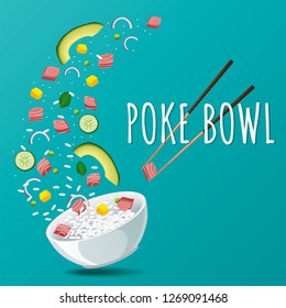 Hawaiian Poke Tuna Bowl with greens and vegetables. Menu design, copy space background. Vector illustration eps 10