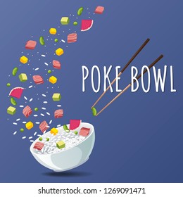 Hawaiian Poke Tuna Bowl with greens and vegetables. Menu design, copy space background. Vector illustration eps 10