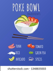 Hawaiian Poke Tuna Bowl with greens and vegetables. Menu design, copy space background. Vector illustration eps 10