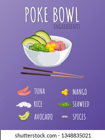 Hawaiian Poke Tuna Bowl with greens and vegetables. Menu design, copy space background. Vector illustration eps 10