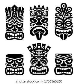Hawaiian and Polynesia Tiki head totem vector design set- tribal folk art background. Native tiki statue illustration from Hawaii and Polynesia in black on white, gods faces with crowns traditionally 