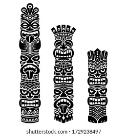 Hawaiian and Polynesia Tiki pole totem vector design - tribal folk art background, two or three heads statue. Native tiki illustration from Hawaii and Polynesia in black on white, gods faces
