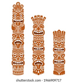 Hawaiian and Polynesia Tiki pole totem vector design - brown tribal folk art background, two or three heads statue. Native tiki illustration from Hawaii and Polynesia on white background, gods faces 