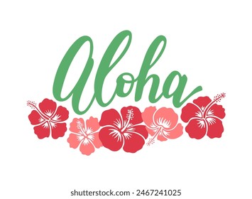 Hawaiian print with hibiscus and aloha lettering. Tropical flowers bloom hibiscus t-shirt design. Summer blossom retro textile print vector illustration.