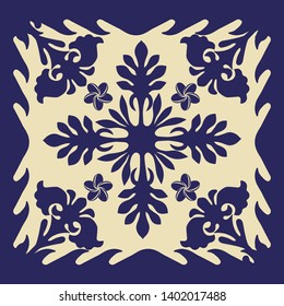 Hawaiian quilt illustration (blue), leaves,  background, fabric, textiles, summer image