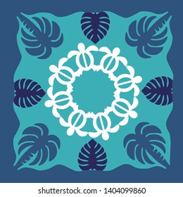 Hawaiian quilt illustration, nature, palm tree, turtle, hibiscus, honnu, leaves, background, fabric, textiles, summer image