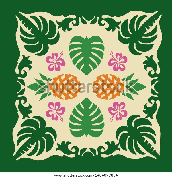 Hawaiian Quilt Illustration Nature Pineapple Pattern Stock Vector ...