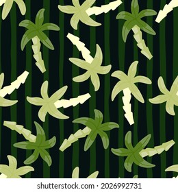 Hawaiianisches Zufallsmuster mit doodlen Palmenformen. Grüner gestreifter Hintergrund. Naturdruck. Entworfen für Stoffdesign, Stoffdruck, Umhüllung, Abdeckung. Vektorgrafik.
