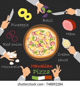 Hawaiian recipe pizza constructor on black wood background