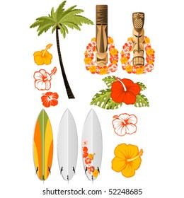 Hawaiian rest attributes, Hibiscus, Surfboards and tikis