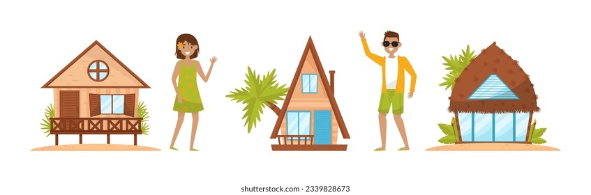 Hawaiian Rest with Happy Man and Woman and Tropical Hut or Bungalow with Palm Tree Vector Illustration Set