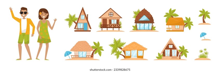 Hawaiian Rest with Happy Man and Woman and Tropical Hut or Bungalow with Palm Tree Vector Illustration Set