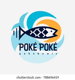 Hawaiian Restaurant logo. Poke Bowls Restaurant or Bar with RAW fish Food. Vector Logotype concept. Aloha Hawaii sun, sea and fish flat shape vector illustration symbol.