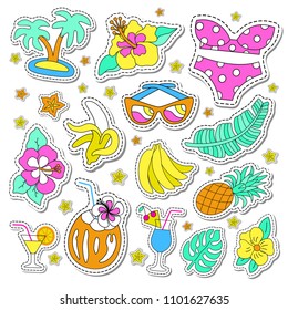 Hawaiian retro patch set. Fashionable pins 80s-90s style. Colorful drawings of fruits, drinks, beach wear, leaves, exotic flowers. EPS 10 vector illustration.
