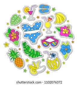 Hawaiian retro patch set. Fashionable pins 80s-90s style. Colorful drawings of fruits, drinks, beach wear, exotic flowers. Round composition of tags. Circle background. EPS 10 vector illustration