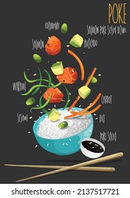 Hawaiian salmon fish poke bowl with rice. Vector illustration