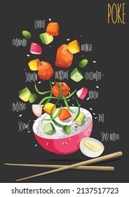 Hawaiian salmon fish poke bowl with rice. Vector illustration