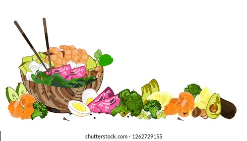 Hawaiian Salmon Poke Bowl with different ingredients isolated on white background, hand drawing. Vector graphics eps 10