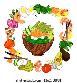 Hawaiian salmon poke bowl with seaweed, watermelon radish, cucumber, avocado, hand drawing. Frame of ingredients for poke, on a white background, vector graphics