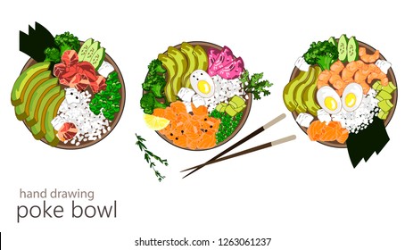 Hawaiian salmon, tuna and shrimp poke bowls with seaweed, avocado, cucumber, radish, rice,egg, broccoli, pickled ginger, sesame seeds. Top view, hand drawing. Vector graphics eps 10