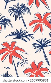 Hawaiian Seamless Palm Tree Pattern – Retro Red and Navy Blue Mid-Century Illustration on Cream Background for T-Shirt Design