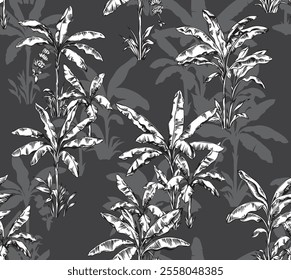 Hawaiian seamless pattern with banana palm trees. Tropical foliage design on a black background. Monochrome botanical sketch. Vector illustration.