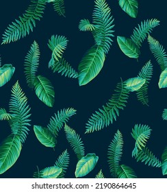 Hawaiian seamless pattern with exotic palm leaves. Tropical plants in realistic style. Foliage design. Vector botanical illustration on a black background.