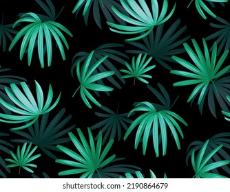 Hawaiian seamless pattern with exotic palm leaves. Tropical plants in realistic style. Foliage design. Vector botanical illustration on a black background.