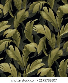 Hawaiian seamless pattern with exotic palm leaves. Tropical plants in realistic style. Foliage design. Vector botanical illustration on a black background.