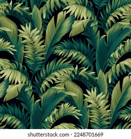 Hawaiian seamless pattern with exotic palm leaves. Tropical plants in realistic style. Foliage design. Vector botanical illustration on a black background.