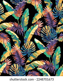 Patrón ininterrumpido hawaiano con hojas de palmera exóticas. Plantas tropicales de estilo realista. Diseño de follaje. Ilustración botánica vectorial sobre fondo negro.