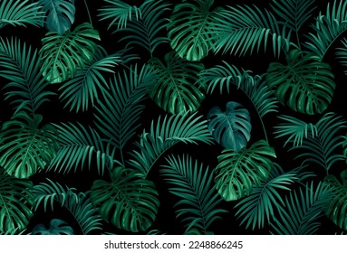 Hawaiian seamless pattern with exotic palm leaves. Tropical plants in realistic style. Foliage design. Vector botanical illustration on a black background.