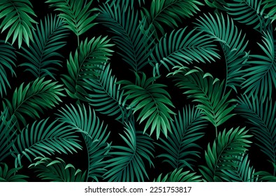 Hawaiian seamless pattern with exotic palm leaves. Tropical plants in realistic style. Foliage design. Vector botanical illustration on a black background.