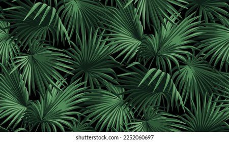 Hawaiian seamless pattern with exotic palm leaves. Tropical plants in realistic style. Foliage design. Vector botanical illustration on a black background.