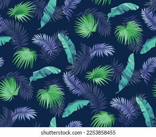 Patrón ininterrumpido hawaiano con hojas de palmera exóticas. Plantas tropicales de estilo realista. Diseño de follaje en colores de neón brillantes. Ilustración botánica vectorial sobre fondo negro.