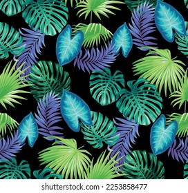 Hawaiian seamless pattern with exotic palm leaves. Tropical plants in realistic style. Foliage design in bright neon colors. Vector botanical illustration on a black background.