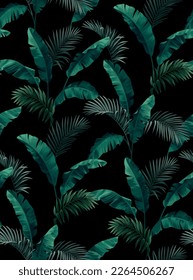 Hawaiian seamless pattern with exotic palm leaves. Tropical plants in realistic style. Foliage design. Vector botanical illustration on a black background.