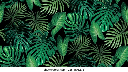 Patrón ininterrumpido hawaiano con hojas de palmera exóticas. Plantas tropicales de estilo realista. Diseño de follaje. Ilustración botánica vectorial sobre fondo negro.